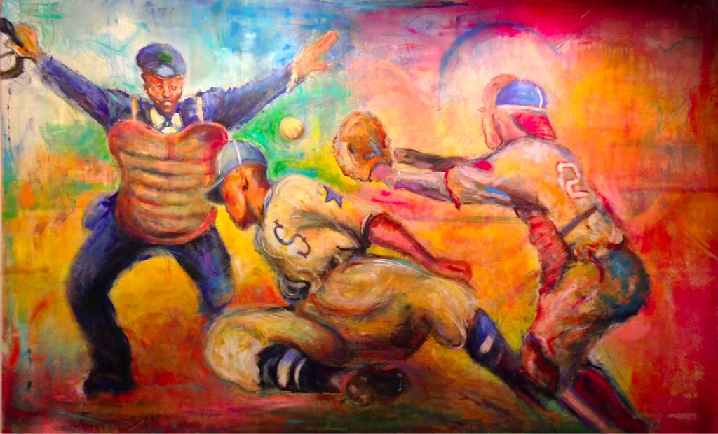 The above painting which hangs in the Lobby of The Shelby, titled Safe at Home. It is 92″x57″, acrylic on canvas.